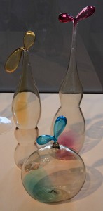 "Zephyr" crystal bottles slightly fume tinted with spots shaded of ruby, amber, and aquamarine (Murano, 1982 AD).