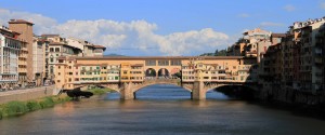 Ponte Vecchio (literally, “old bridge”), the oldest and most famous bridge in Florence that spans the Arno River.