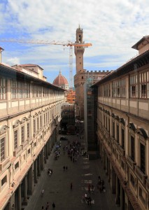 Looking out of the Uffizi Gallery from the top floor with the dome of the Florence Cathedral and the Palazzo Vecchio in view.