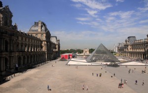 Looking out at the Louvre Pyramid from the upper floor.