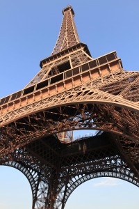 Looking up at the Eiffel Tower, which was erected in 1889 AD as the entrance arch to the 1889 World's Fair.