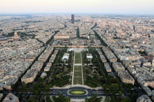 View from the Eiffel Tower, looking eastward at the Champ de Mars.