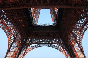 Looking up from the bottom of the Eiffel Tower.