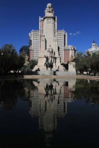 Monument to Miguel de Cervantes Saavedra with its bronze sculptures of Don Quixote and Sancho Panza.
