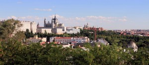 The Royal Palace of Madrid and the Catedral de la Almudena, seen from the park around the Temple of Debod.