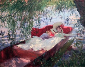'Lady and Child Asleep in a Punt under the Willows' by John Singer Sargent (1887 AD).