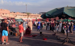 A snake charmer and his pets in the square of Djemaa El-Fna.