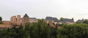 Looking at the Hospice and fortress walls at Rumm in Luxembourg City.