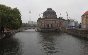 The Spree River with Museum Island (with the Bode Museum at its tip) and the Fernsehturm ("Berlin TV Tower") in view.