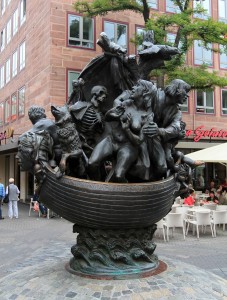 Statue based on the satire 'Ship of Fools' (written by Sebastian Brant in 1494 AD), created by sculptor Jürgen Weber in 1987 AD.