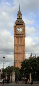 Closeup of Big Ben (officially: "Elizabeth's Tower"), which stands 96 meters tall and was completed in 1858 AD.