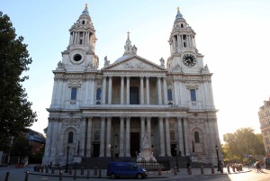 The West Front of St. Paul's Cathedral, which was built in 1720 AD by Sir Christopher Wren.