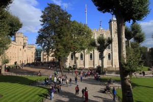 Looking out from the Beauchamp Tower at the Tower Green (the marking to the left of the path), where Anne Boleyn, Queen Catherine Howard, two other queens, two lords, and another lady were beheaded.