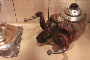 Ram's head table snuff mull and cigar box; it would've been wheeled up and down the table after dinner (1883/84 AD).