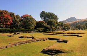 Ruins in the palace gardens with Arthur's Seat (the peak in the distance) in view.