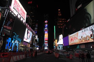 Times Square at night, looking southward.