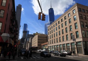 Intersection of Church and Duane Streets with the One World Trade Center Building in view.