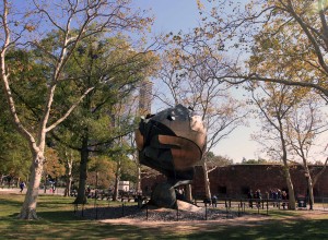 'The Sphere' in Battery Park; the sculpture once stood between the World Trade Center Towers; it was recovered from the debris after the towers collapsed on September 11, 2001 and relocated to this spot.