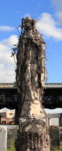 Statue of the Virgin Mary covered in dead vines.