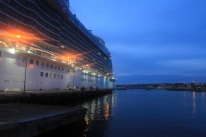Boarding the cruise ship late in the evening.