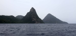 The Pitons (Gros Piton and Petit Piton), located near the town of Soufrière on Saint Lucia.
