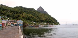 The waterfront of Soufrière with Petit Piton in the background.