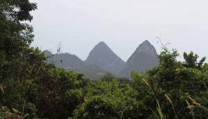 Looking back at the Pitons while on the road heading north to Castries City.