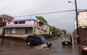 A road turned torrential stream in Basseterre after a brief, albeit heavy, rainfall.