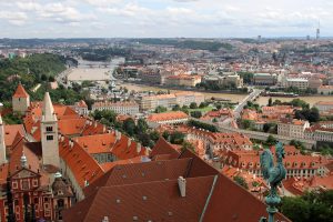 Prague and the Vltava River seen from the Great South Tower of St. Vitus Cathedral.