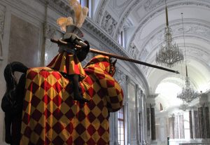 Jousting armor and weapon on display inside the Hofburg Palace.