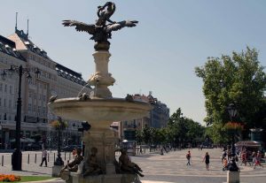 The fountain in front of the old Slovak National Theater with Hviezdoslav Square in the background.