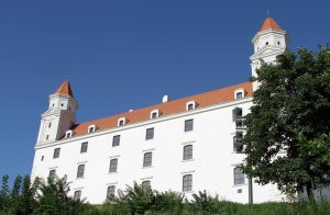 Bratislava Castle, which stands on an isolated rocky hill of the Little Carpathians directly above the Danube River.