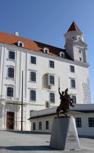 Equestrian statue in front of the main entrance to Bratislava Castle.