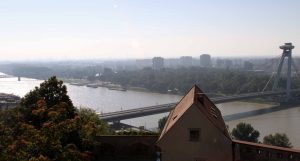 Bridge of the Slovak National Uprising and the Danube River, seen from Bratislava Castle.