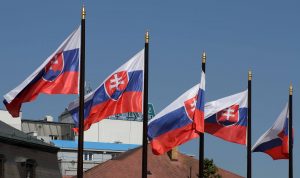 Slovak flags masted in front of Grassalkovich Palace.