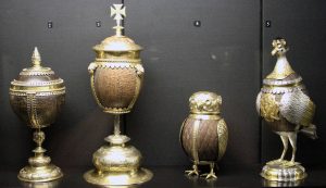 Cups made from coconuts on display inside the museum.