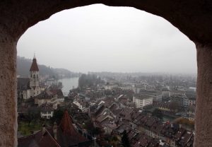 Thun with the Aare River and the Stadtkirche in view, seen from one of Thun Castle's corner towers.