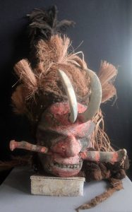 "Nivinmusi" mask, which denotes the rank of the deceased man whom it is placed in front of during the Nalawan Nemasien mortuary ceremony held 100 days after his death.